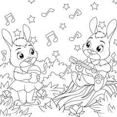 Vector illustration, cartoon hares playing guitar listening to music in the forest, book coloring