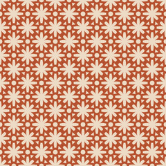 Vector seamless pattern in ethnic folk style. Simple floral geometric ornament. Vintage background texture with grid, lattice, flower silhouettes. Red and beige colors. Repeated geo design for decor