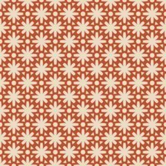 Fotobehang Stijlen patronen Vector seamless pattern in ethnic folk style. Simple floral geometric ornament. Vintage background texture with grid, lattice, flower silhouettes. Red and beige colors. Repeated geo design for decor  © MPA STUDIO