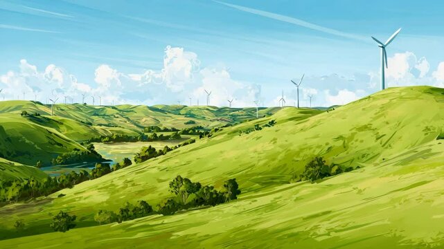 Rolling hills with wind turbines and a lake