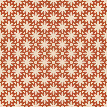 Fototapeta Vector seamless pattern in ethnic folk style. Simple floral geometric ornament. Vintage background texture with grid, lattice, flower silhouettes. Red and beige colors. Repeated geo design for decor