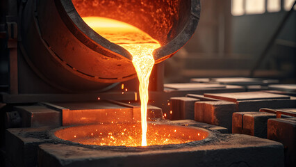 A powerful and dramatic depiction of hot molten metal being poured from a massive crucible into a round mold at a steel foundry. Bright orange and yellow liquid metal glows vividly as it flows.