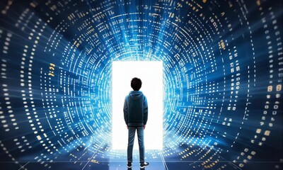 teenage boy stands in digital binary code tunnel illustrated animation - Powered by Adobe
