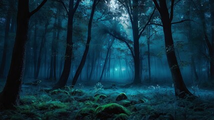 Fototapeta premium Mystical forest background, bluish mist flowing, blue color, spooky woodland