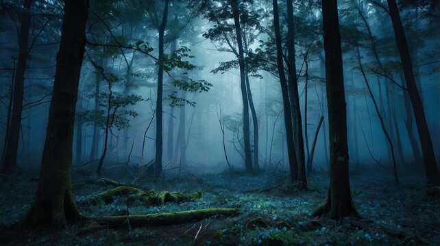 Mystical forest background, bluish mist flowing, blue color, spooky woodland