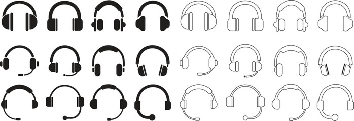 Headphones icons set. Customer service collection. Headset, Customers support symbol. Earphone for music and sound in flat and line style