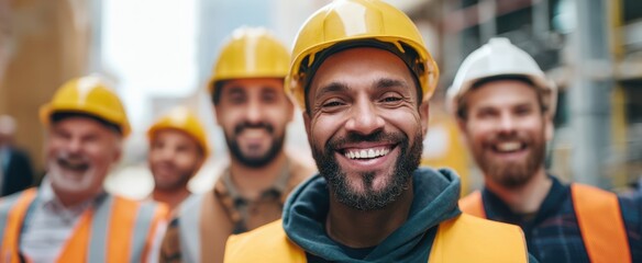 The group of cheerful construction workers showing teamwork and camaraderie.