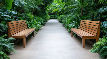 Two wooden benches are positioned along serene garden path surrounded by lush greenery