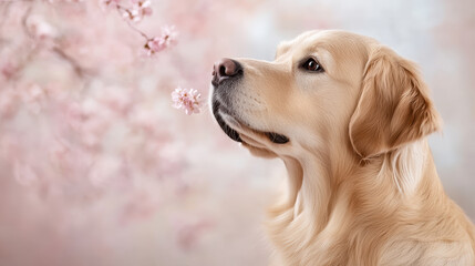 Golden retriever dog sniffing cherry blossoms spring floral background serene nature pet