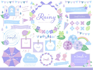 Rainy Day Watercolor Clipart Bundle: Whimsical Illustrations with Frogs, Snails & Editable Text Frames in Lavender & Periwinkle
