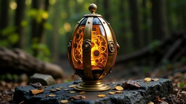 Intricate Golden Clockwork Egg: Steampunk Treasure in Nature.