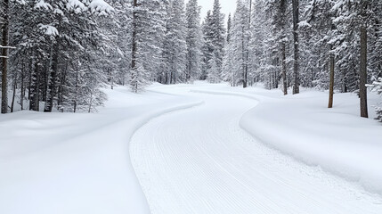 Obraz premium Winding snowy path through serene forest, surrounded by frosted trees, evokes tranquility
