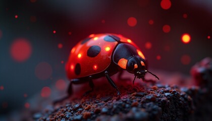 Close-up of a vibrant ladybug on textured ground with ethereal glowing orbs