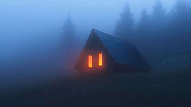 Small cabin retreat nestled in foggy hills with glowing windows