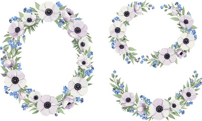Obraz premium Purple anemones, white lilies, green leaves, morning glory and butterfly. Watercolor botanical bouquet suitable for greeting cards, wedding invitations, branding,