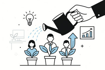 Business employee development growth metaphor. Hand watering team member plants. Talent investment cultivation nurturing. HR training workplace leadership mentoring concept vector illustration