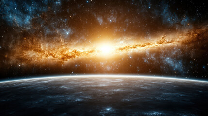 Stunning cosmic scene featuring bright galactic light illuminating dark backdrop, showcasing