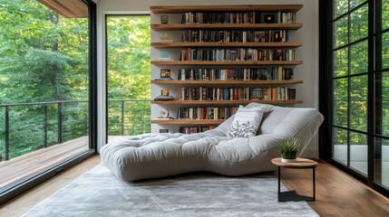 Cozy home library with comfortable chaise lounge, wooden shelves, and greenery