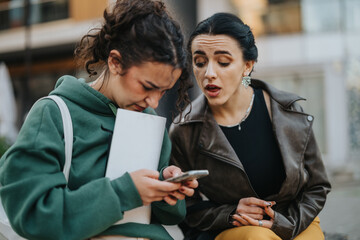 Two young women seated outdoors, showing surprise and concern as they look at a phone. The setting reflects natural urban surroundings, capturing an emotional moment of shared experience.