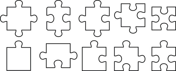 puzzle pieces icons set in different shapes. Puzzles game piece collection line style