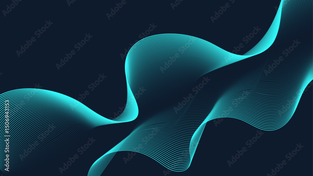 Poster Abstract background wave line pattern. Futuristic technology background with dynamic curve blue green light gradient wavy lines. Vector design in concept of science, music.