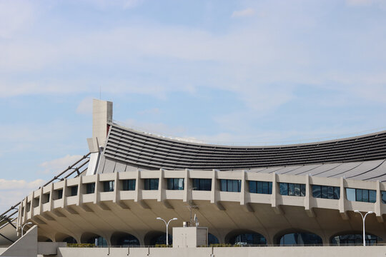 TOKYO, JAPAN - March 18, 2025: Detail of Yoyogi National Stadium  Gymnasium, a 1964 and 2020 Olympic venue.