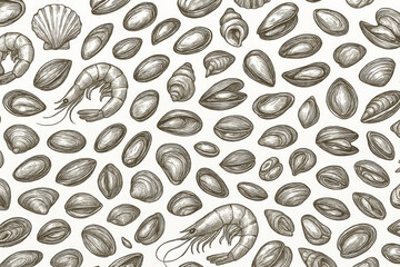 Seafood seamless pattern hand drawn shellfish mollusks mussels clams oysters scallops shrimp prawns. Vintage engraved marine delicacy culinary restaurant background