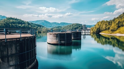 Fototapeta premium Industrial features of dam control room towers viewed from distance