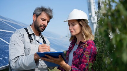 Experts conduct assessment of solar panel installation at renewable energy site in bright daylight