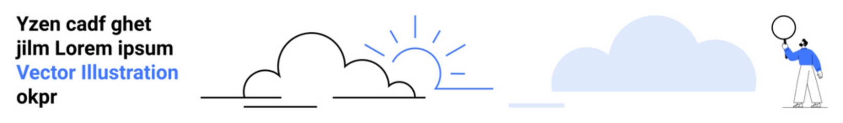 Person holding magnifying glass next to minimalist clouds and rising sun. Ideal for exploration, discovery, research, innovation, learning, curiosity, simple landing page