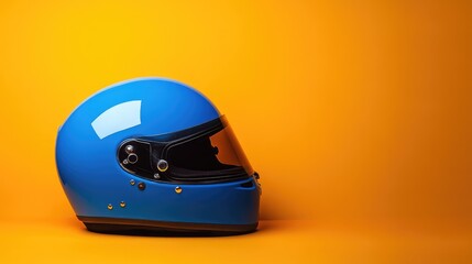 Side profile of blue helmet on gradient orange to black background