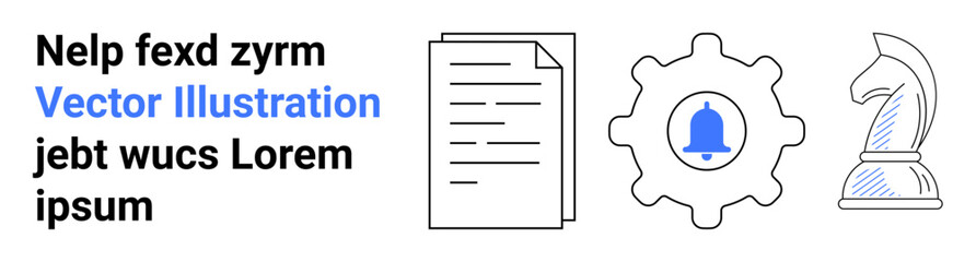 Page document, gear with bell icon, and chess knight symbolizing planning, automation, and strategic thinking. Ideal for workflow management, business planning, digital tools, notifications