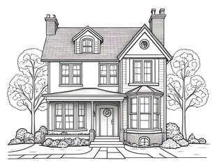 House with a Chimney and Windows, Home-Themed Coloring Page for Kids, Minimalist Line Drawing, White Background