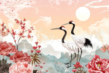 Naklejka premium Two birds standing in a field of flowers with a pink sky in the background