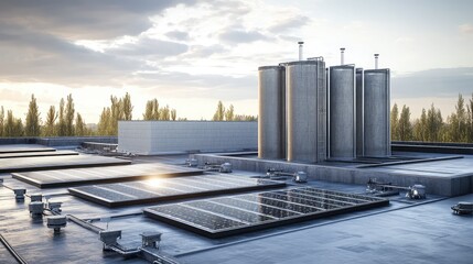 Obraz premium Water tanks beside solar arrays built into rooftop grid layout