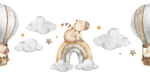 Hand drawn watercolor seamless border of capybara flying in hot air balloon, rainbow, cloud and star. Endless horizontal banner. Lane background in pastel colors for wallpaper, kids room, baby shower