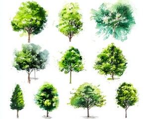 Watercolor illustrations of nine different green trees, viewed from above and the side, with varying shapes and foliage density.
