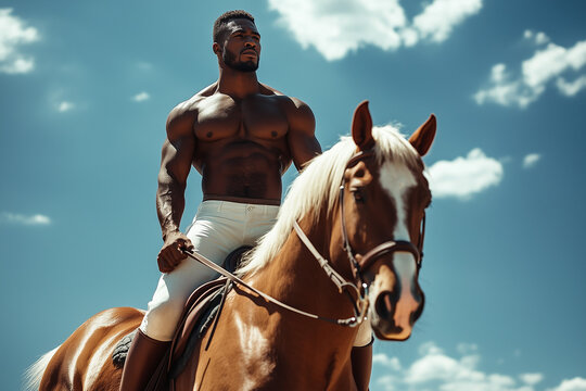 Sensual African American man shirtless on a horse 