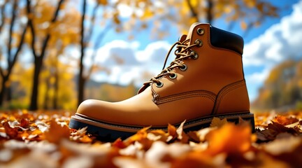 Tan leather boot in autumn leaves