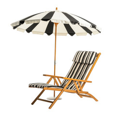 Black and white striped beach chair and umbrella isolated on transparent background
