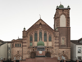 Architecture exterior of The Mosque & Islamic Centre of Brent. The detail of classic exterior building built for Islamic Affairs at london city. use it as your Wallpaper, Poster and Space for text,