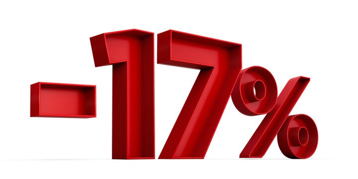 Red number -17% or Minus Seventeen Percentage isolated on white background with shadow. 3d illustration