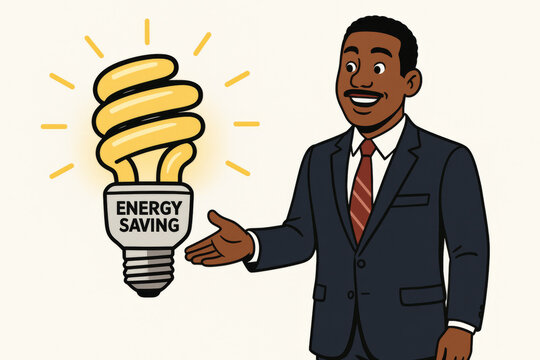 Professional businessman presenting innovative energy saving CFL lightbulb concept. Green technology efficiency solution. Eco-friendly sustainable power conservation vector illustration - Powered by Adobe