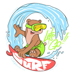 Cute Surfer Bear Vector Illustration for Kids T-Shirt Print and Summer Beach Design
