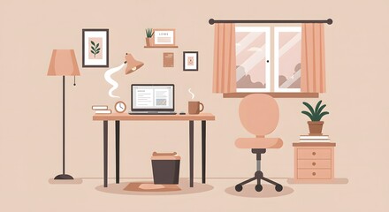 Pastel Home Office Scene with Laptop and Plants