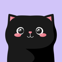Cute black peeking cat. Childish cartoon cat with big eyes heart shaped nose. Vector illustration