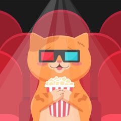Happy ginger cat in 3d glasses in movie theater holding popcorn bucket. Cute cat watching a movie in movie hall with red seats and spotlight. Vector illustration