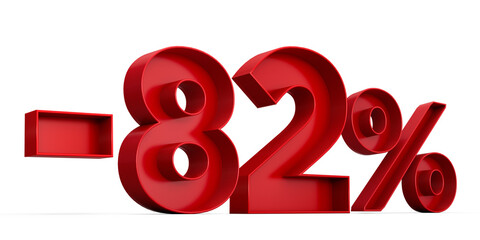 Red number -82% or Minus Eighty Two Percentage isolated on white background with shadow. 3d illustration