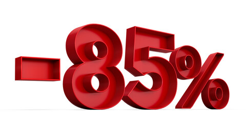Red number -85% or Minus Eighty Five Percentage isolated on white background with shadow. 3d illustration