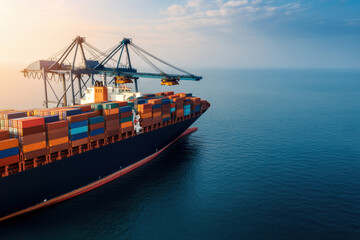 Fototapeta premium Cargo Ship Docked at Bustling Port Under Blue Skies with Cranes Lifting Containers Over Calm Sea in an Efficient and Organized Scene
